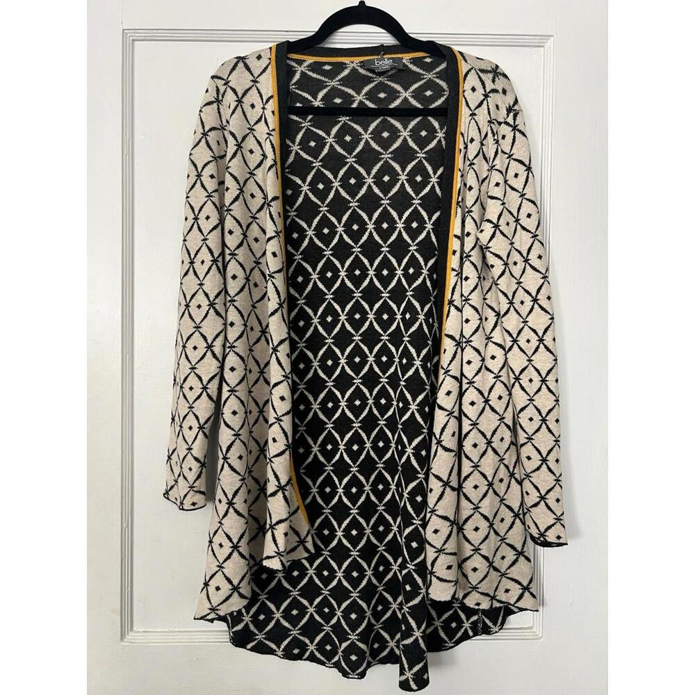 Belle by Belldini Open Front Cardigan Sweater, Black Cream Geometric Print, M